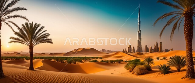 الفن الهندسي المعماري للابراج  وناطحات السحاب في اماره دبي , التوسع والتقدم العمراني في دوله الامارات العربيه المتحده ،  أشجار النخيل الصحراوية  , الهضاب و التلال من الرمال الناعمة الذهبية، المرتفعات و التضاريس  والقمم الجبلية في البراري، منظر  السماء في وقت غروب الشمس ، خلفيه الطبيعه