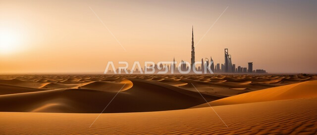 الفن الهندسي المعماري للابراج وناطحات السحاب في اماره دبي ، مناطق البادية والبيئة الطبيعية الصحراوية, الهضاب و التلال من الرمال الناعمة الذهبية، المرتفعات و التضاريس  والقمم الجبلية في البراري، منظر  السماء في وقت غروب الشمس  ، التوسع والتقدم العمراني في دوله الامارات العربيه المتحده ، خلفيه الطبيعه
