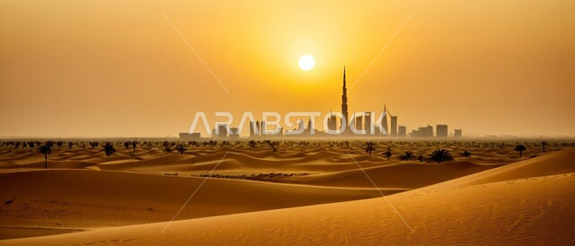 Desert areas and desert natural environment, plateaus and hills of soft golden sand, heights and terrains and mountain peaks in the wilderness, view of the sky at sunset, architectural art of towers and skyscrapers in the Emirate of Dubai, urban expansion and progress in the United Arab Emirates, nature backgroundi