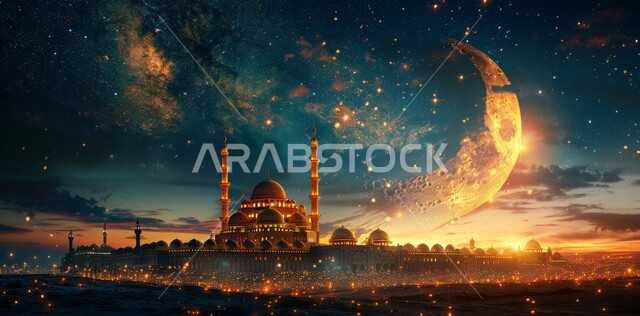 العبادة والتقرب إلى الله تعالى, زينة الاعياد والمناسبات الدينية, قدوم شهر الخير, رسوم توضيحية ثلاثية الابعاد للمآذن والقبب للمساجد الإسلامية، الديكورات والتصاميم الهندسية المميزة في رمضان المبارك، خلفية السماء المرصعه بالنجوم مع القمر المضيء ليلا