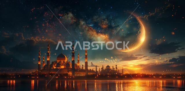 العبادة والتقرب إلى الله تعالى, زينة الاعياد والمناسبات الدينية, قدوم شهر الخير, رسوم توضيحية ثلاثية الابعاد للمآذن والقبب للمساجد الإسلامية، الديكورات والتصاميم الهندسية المميزة في رمضان المبارك، خلفية السماء المرصعه بالنجوم مع القمر المضيء ليلا