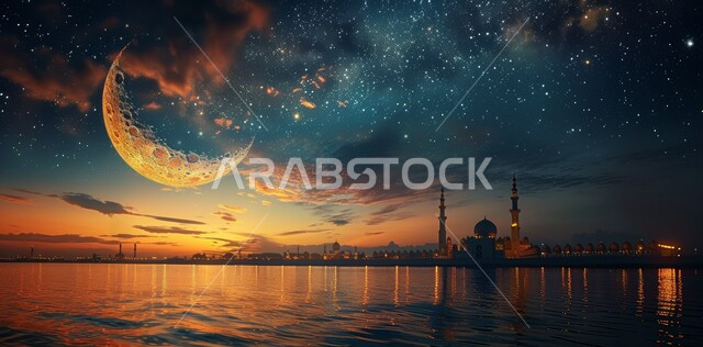 العبادة والتقرب إلى الله تعالى, زينة الاعياد والمناسبات الدينية, قدوم شهر الخير, رسوم توضيحية ثلاثية الابعاد للمآذن والقبب للمساجد الإسلامية، الديكورات والتصاميم الهندسية المميزة في رمضان المبارك، خلفية السماء المرصعه بالنجوم مع القمر المضيء ليلا