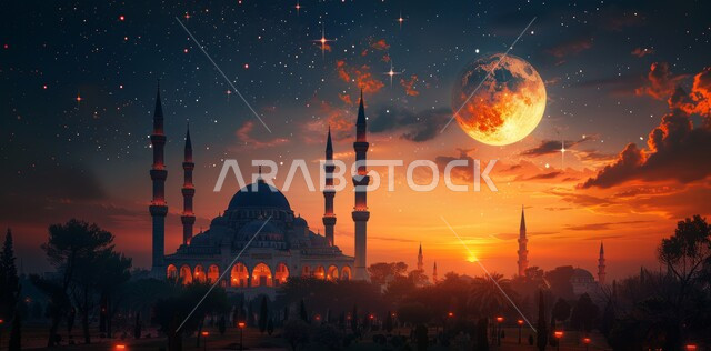 Worship and getting closer to God Almighty, decorations for religious holidays and occasions, the arrival of the month of goodness, 3D illustrations of minarets and domes of Islamic mosques, distinctive decorations and engineering designs in the blessed month of Ramadan, a background of the starry sky with the moon shining at night