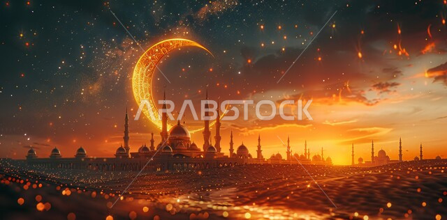 العبادة والتقرب إلى الله تعالى, زينة الاعياد والمناسبات الدينية, قدوم شهر الخير, رسوم توضيحية ثلاثية الابعاد للمآذن والقبب للمساجد الإسلامية، الديكورات والتصاميم الهندسية المميزة في رمضان المبارك، خلفية السماء المرصعه بالنجوم مع القمر المضيء ليلا
