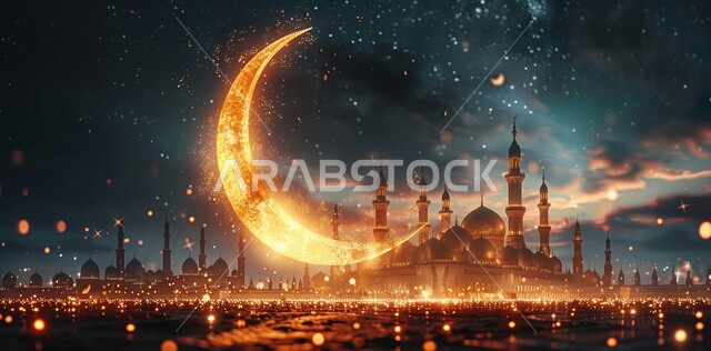العبادة والتقرب إلى الله تعالى, زينة الاعياد والمناسبات الدينية, قدوم شهر الخير, رسوم توضيحية ثلاثية الابعاد للمآذن والقبب للمساجد الإسلامية، الديكورات والتصاميم الهندسية المميزة في رمضان المبارك، خلفية السماء المرصعه بالنجوم مع القمر المضيء ليلا