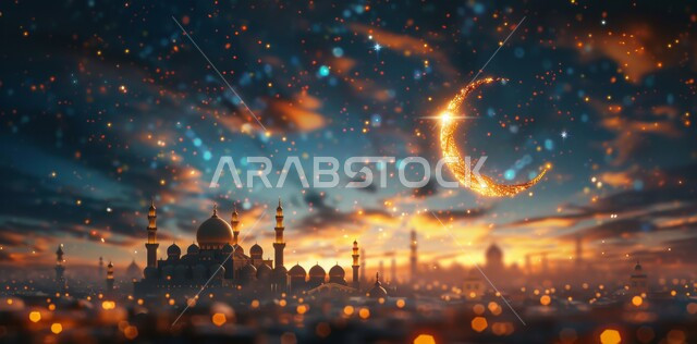 العبادة والتقرب إلى الله تعالى, زينة الاعياد والمناسبات الدينية, قدوم شهر الخير, رسوم توضيحية ثلاثية الابعاد للمآذن والقبب للمساجد الإسلامية، الديكورات والتصاميم الهندسية المميزة في رمضان المبارك، خلفية السماء المرصعه بالنجوم مع القمر المضيء ليلا