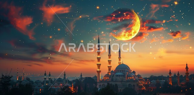 العبادة والتقرب إلى الله تعالى, زينة الاعياد والمناسبات الدينية, قدوم شهر الخير, رسوم توضيحية ثلاثية الابعاد للمآذن والقبب للمساجد الإسلامية، الديكورات والتصاميم الهندسية المميزة في رمضان المبارك، خلفية السماء المرصعه بالنجوم مع القمر المضيء ليلا