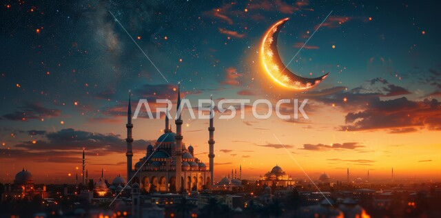 العبادة والتقرب إلى الله تعالى, زينة الاعياد والمناسبات الدينية, قدوم شهر الخير, رسوم توضيحية ثلاثية الابعاد للمآذن والقبب للمساجد الإسلامية، الديكورات والتصاميم الهندسية المميزة في رمضان المبارك، خلفية السماء المرصعه بالنجوم مع القمر المضيء ليلا