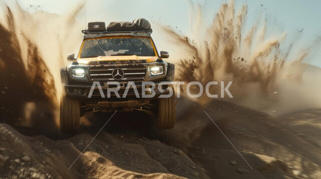 الأنشطة الترفيهية لقيادة السيارات في المناطق الصحراوية، مغامرة سفاري على الكثبان الرملية في المملكة العربية السعودية , صورة مقربة لسيارة الدفع الرباعي الجبلية على رمال الصحراء الذهبية الناعمة, التلال الرملية والتشكيلات والتكوينات الصخرية في الصحارى العربية
