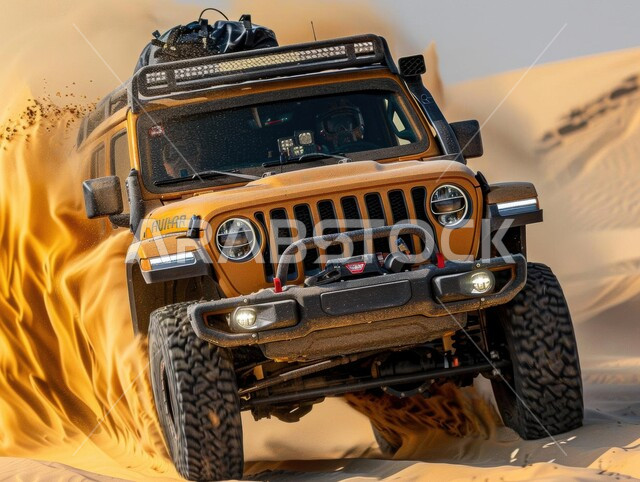 الأنشطة الترفيهية لقيادة السيارات في المناطق الصحراوية، مغامرة سفاري على الكثبان الرملية في المملكة العربية السعودية , صورة مقربة لسيارة الدفع الرباعي الجبلية على رمال الصحراء الذهبية الناعمة, التلال الرملية والتشكيلات والتكوينات الصخرية في الصحارى العربية