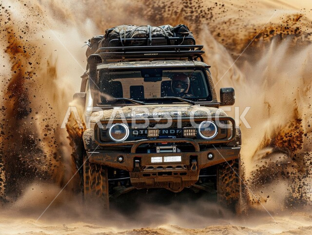 الأنشطة الترفيهية لقيادة السيارات في المناطق الصحراوية، مغامرة سفاري على الكثبان الرملية في المملكة العربية السعودية , صورة مقربة لسيارة الدفع الرباعي الجبلية على رمال الصحراء الذهبية الناعمة, التلال الرملية والتشكيلات والتكوينات الصخرية في الصحارى العربية