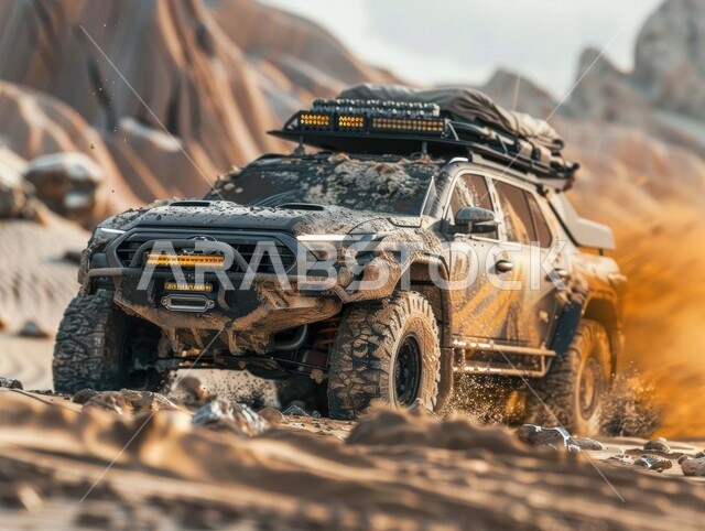 الأنشطة الترفيهية لقيادة السيارات في المناطق الصحراوية، مغامرة سفاري على الكثبان الرملية في المملكة العربية السعودية , صورة مقربة لسيارة الدفع الرباعي الجبلية على رمال الصحراء الذهبية الناعمة, التلال الرملية والتشكيلات والتكوينات الصخرية في الصحارى العربية
