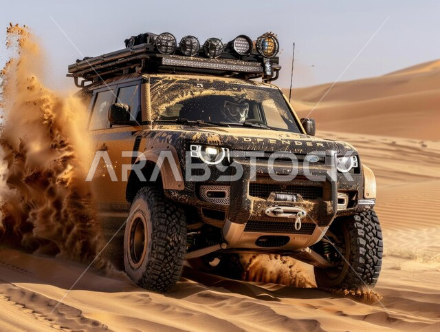 الأنشطة الترفيهية لقيادة السيارات في المناطق الصحراوية، مغامرة سفاري على الكثبان الرملية في المملكة العربية السعودية , صورة مقربة لسيارة الدفع الرباعي الجبلية على رمال الصحراء الذهبية الناعمة, التلال الرملية والتشكيلات والتكوينات الصخرية في الصحارى العربية