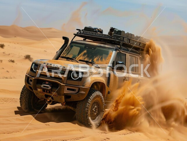 الأنشطة الترفيهية لقيادة السيارات في المناطق الصحراوية، مغامرة سفاري على الكثبان الرملية في المملكة العربية السعودية , صورة مقربة لسيارة الدفع الرباعي الجبلية على رمال الصحراء الذهبية الناعمة, التلال الرملية والتشكيلات والتكوينات الصخرية في الصحارى العربية