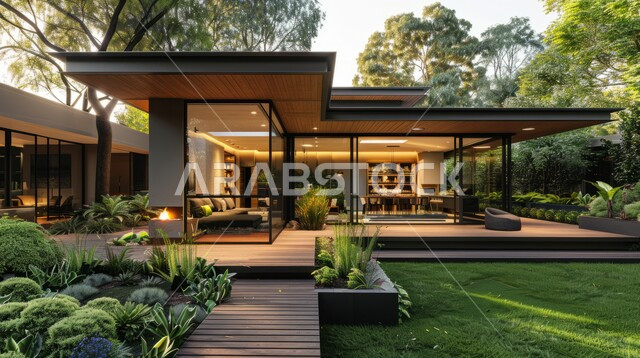 Distinctive geometric division of rooms inside the house, large glass facades overlooking the outside, modern designs of villas and residential apartments in the Kingdom of Saudi Arabia, advanced contemporary decorations, luxurious modern lights and accessories, super deluxe homes with elegant furniture