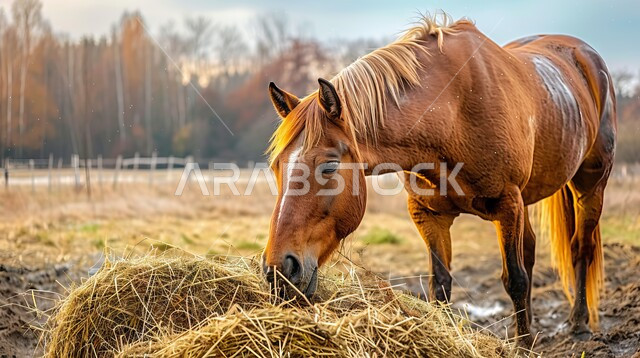 تربية وتدريب وترويض الخيول، توارث حب الخيول من الأجداد إلى الأحفاد، العناية والاهتمام بالجياد، حصان عربي أصيل بني اللون يأكل التبن في الحقل، شغف الفروسية ومهارة ركوب الخيل، المحميات الطبيعية في المملكة العربية السعودية