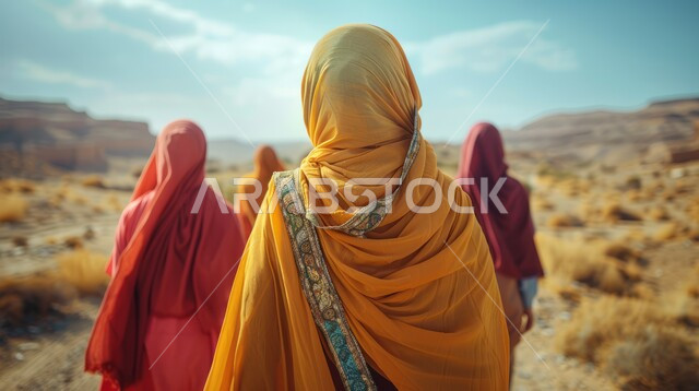 Popularities and heritage of the Kingdom of Saudi Arabia, a picture from the back of a group of women wearing the abaya and hijab walking on the mountain heights, desert thorny plants, traditional Bedouin life in the desert