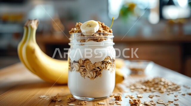 مشروب صيفي منعش ومثلج، صورة مقربة لكوب من عصير الموز والحليب والمكسرات مع الجرانولا، الاستمتاع بالمشروبات الباردة، عصائر طبيعية لذيذة، عصير صحي ومفيد