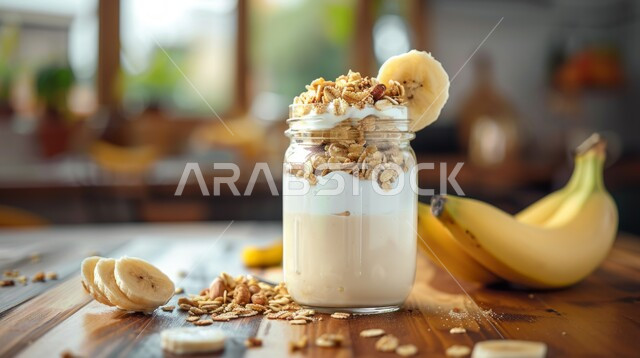 مشروب صيفي منعش ومثلج، صورة مقربة لكوب من عصير الموز والحليب والمكسرات مع الجرانولا، الاستمتاع بالمشروبات الباردة، عصائر طبيعية لذيذة، عصير صحي ومفيد