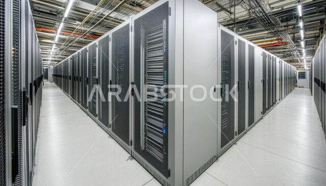 Facilitating access to information through database systems, data center, the concept of digital transformation and development and future technology, technological infrastructure, cloud storage network, server control room and Internet servers
