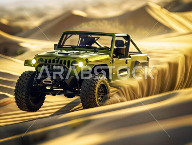 التلال الرملية والتشكيلات والتكوينات الصخرية في الصحارى العربية، الأنشطة الترفيهية لقيادة السيارات في المناطق الصحراوية، مغامرة سفاري على الكثبان الرملية في المملكة العربية السعودية , صورة مقربة لسيارة جبلية باللون الأخضر على رمال الصحراء الذهبية الناعمة