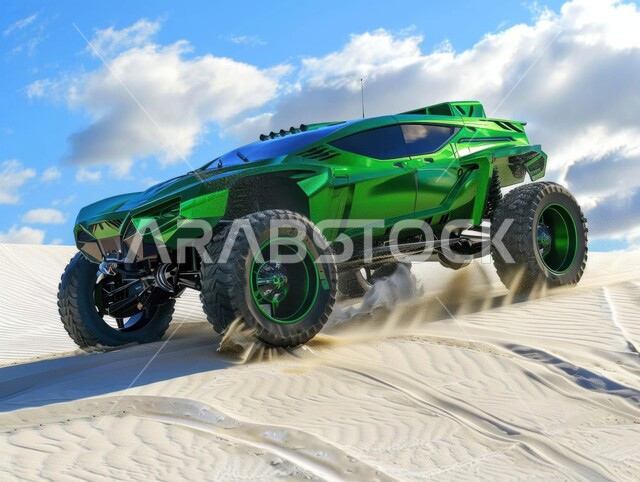 التلال الرملية والتشكيلات والتكوينات الصخرية في الصحارى العربية، الأنشطة الترفيهية لقيادة السيارات في المناطق الصحراوية، مغامرة سفاري على الكثبان الرملية في المملكة العربية السعودية , صورة مقربة لسيارة جبلية باللون الأخضر على رمال الصحراء الذهبية الناعمة