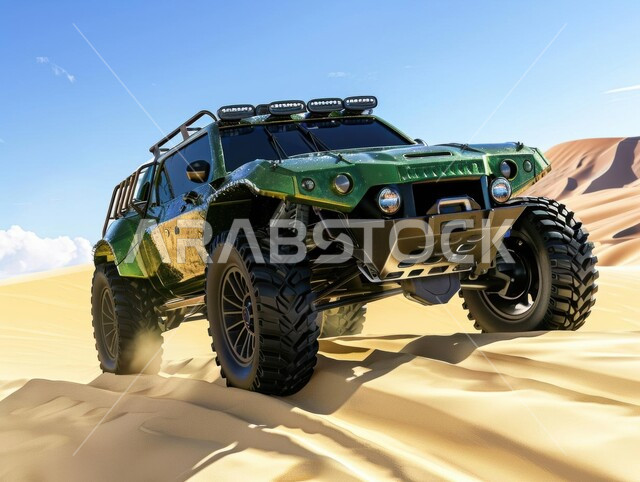 التلال الرملية والتشكيلات والتكوينات الصخرية في الصحارى العربية، الأنشطة الترفيهية لقيادة السيارات في المناطق الصحراوية، مغامرة سفاري على الكثبان الرملية في المملكة العربية السعودية , صورة مقربة لسيارة جبلية باللون الأخضر على رمال الصحراء الذهبية الناعمة