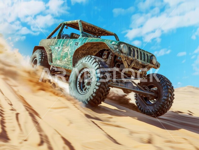 التلال الرملية والتشكيلات والتكوينات الصخرية في الصحارى العربية، الأنشطة الترفيهية لقيادة السيارات في المناطق الصحراوية، مغامرة سفاري على الكثبان الرملية في المملكة العربية السعودية , صورة مقربة لسيارة جبلية باللون الأخضر على رمال الصحراء الذهبية الناعمة