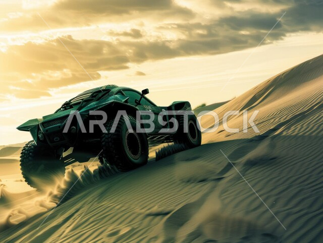 التلال الرملية والتشكيلات والتكوينات الصخرية في الصحارى العربية، الأنشطة الترفيهية لقيادة السيارات في المناطق الصحراوية، مغامرة سفاري على الكثبان الرملية في المملكة العربية السعودية , صورة مقربة لسيارة جبلية باللون الأخضر على رمال الصحراء الذهبية الناعمة