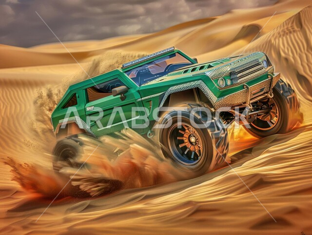 التلال الرملية والتشكيلات والتكوينات الصخرية في الصحارى العربية، الأنشطة الترفيهية لقيادة السيارات في المناطق الصحراوية، مغامرة سفاري على الكثبان الرملية في المملكة العربية السعودية , صورة مقربة لسيارة جبلية باللون الأخضر على رمال الصحراء الذهبية الناعمة