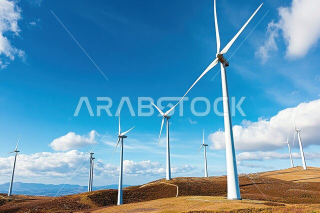 التنمية المستدامة بالطاقة البديلة في المملكة العربية السعودية، حقول توربينات الرياح وطواحين الهواء وسط الرمال الذهبية في المناطق الصحرواية، توليد الكهرباء بواسطة مزارع الرياح، منظر السماء المليئة بالغيوم البيضاء، مفهوم استخدام الطاقات المتجددة صديقة البيئة