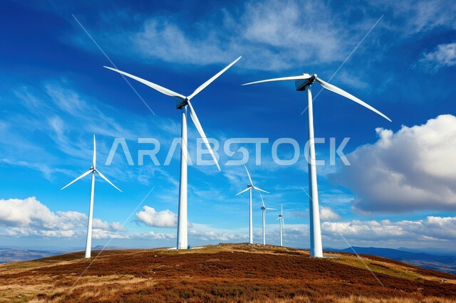 مفهوم استخدام الطاقات المتجددة صديقة البيئة، التنمية المستدامة بالطاقة البديلة في المملكة العربية السعودية، حقول توربينات الرياح وطواحين الهواء وسط الرمال الذهبية في المناطق الصحرواية، توليد الكهرباء بواسطة مزارع الرياح، منظر السماء المليئة بالغيوم البيضاء