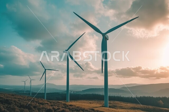 توليد الكهرباء بواسطة مزارع الرياح، منظر السماء المليئة بالغيوم البيضاء، مفهوم استخدام الطاقات المتجددة صديقة البيئة، التنمية المستدامة بالطاقة البديلة في المملكة العربية السعودية، حقول توربينات الرياح وطواحين الهواء وسط الرمال الذهبية في المناطق الصحرواية