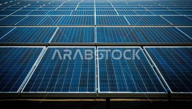 محطات الطاقات الشمسية المتجددة، مزرعة الخلايا الشمسية على الرمال الذهبية الناعمة، مفهوم انتاج الطاقة البديلة الصديقة للبيئة في المملكة العربية السعودية، توليد الكهرباء بواسطة أشعة الشمس، منظر لألواح الطاقة الكهروضوئية وسط الصحراء في وقت النهار