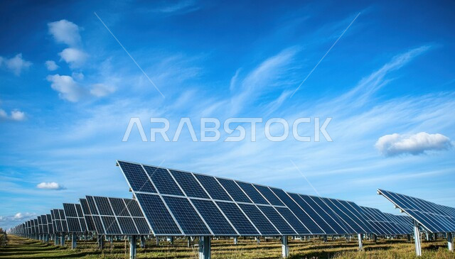 مزرعة الخلايا الشمسية على الرمال الذهبية الناعمة، مفهوم انتاج الطاقة البديلة الصديقة للبيئة في المملكة العربية السعودية، توليد الكهرباء بواسطة أشعة الشمس، منظر لألواح الطاقة الكهروضوئية وسط الصحراء في وقت النهار، محطات الطاقات الشمسية المتجددة