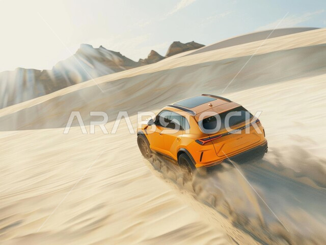 مفهوم السيارة الأنيقة والعصرية، تناغم الطبيعة والتكنولوجيا، مفهوم النقل الحديث والمناظر الطبيعية الحضرية، الأنشطة الترفيهية لقيادة السيارات في المناطق الصحراوية، مغامرة سفاري على الكثبان الرملية في السعودية , صورة مقربة لسيارة جبلية حديثة باللون الأصفر