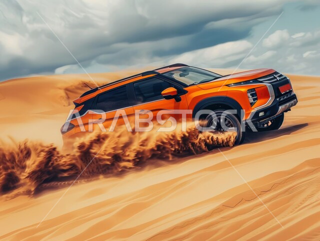 مفهوم السيارة الأنيقة والعصرية، تناغم الطبيعة والتكنولوجيا، مفهوم النقل الحديث والمناظر الطبيعية الحضرية، الأنشطة الترفيهية لقيادة السيارات في المناطق الصحراوية، مغامرة سفاري على الكثبان الرملية في السعودية , صورة مقربة لسيارة جبلية حديثة باللون الأصفر