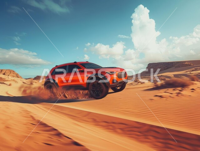 مفهوم السيارة الأنيقة والعصرية، تناغم الطبيعة والتكنولوجيا، مفهوم النقل الحديث والمناظر الطبيعية الحضرية، الأنشطة الترفيهية لقيادة السيارات في المناطق الصحراوية، مغامرة سفاري على الكثبان الرملية في السعودية , صورة مقربة لسيارة جبلية حديثة باللون الأصفر