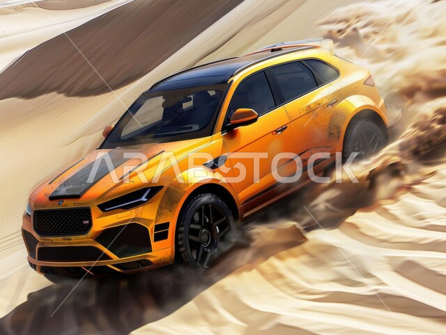 مفهوم السيارة الأنيقة والعصرية، تناغم الطبيعة والتكنولوجيا، مفهوم النقل الحديث والمناظر الطبيعية الحضرية، الأنشطة الترفيهية لقيادة السيارات في المناطق الصحراوية، مغامرة سفاري على الكثبان الرملية في السعودية , صورة مقربة لسيارة جبلية حديثة باللون الأصفر