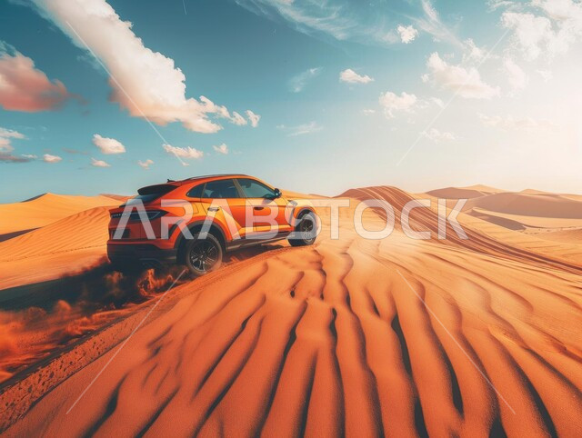 مفهوم السيارة الأنيقة والعصرية، تناغم الطبيعة والتكنولوجيا، مفهوم النقل الحديث والمناظر الطبيعية الحضرية، الأنشطة الترفيهية لقيادة السيارات في المناطق الصحراوية، مغامرة سفاري على الكثبان الرملية في السعودية , صورة مقربة لسيارة جبلية حديثة باللون الأصفر