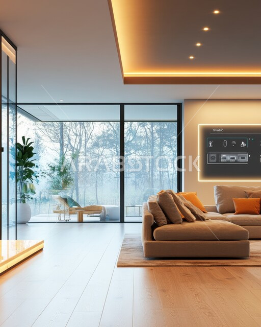 التحول الرقمي في الفنون المعمارية، دمج الذكاء الاصطناعي مع الديكورات المنزلية الداخلية، استخدام الاجهزة المتطورة في البيوت المعاصرة،  منزل بأثاث ابيض انيق وتقنيات متقدمة، مفهوم التطور ومواكبة الالكترونيات، تصاميم عصرية للمنازل الذكية