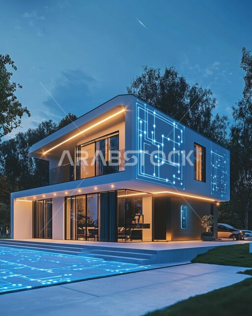 استخدام الاجهزة المتطورة في احد الفلل والشقق السكنية، تصاميم عصرية مع إضاءة وتقنيات متقدمة للمنازل الذكية، مفهوم التطور ومواكبة الالكترونيات، التحول الرقمي في الفنون المعمارية، دمج الذكاء الاصطناعي مع الديكورات المنزلية الخارجية والمسبح