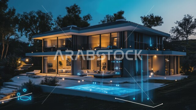 التحول الرقمي في الفنون المعمارية، دمج الذكاء الاصطناعي مع الديكورات المنزلية الخارجية والمسبح، استخدام الاجهزة المتطورة في احد الفلل والشقق السكنية، تصاميم عصرية مع إضاءة وتقنيات متقدمة للمنازل الذكية، مفهوم التطور ومواكبة الالكترونيات
