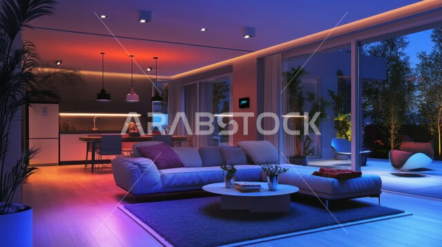 دمج الذكاء الاصطناعي مع الديكورات المنزلية الداخلية، استخدام الاجهزة المتطورة في البيوت المعاصرة،  منزل بأثاث انيق وتقنيات متقدمة، مفهوم التطور ومواكبة الالكترونيات، تصاميم عصرية للمنازل الذكية، التحول الرقمي في الفنون المعمارية