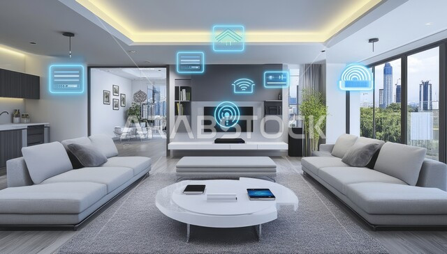 مفهوم التطور ومواكبة الالكترونيات, تصاميم عصرية للمنازل الذكية, التحول الرقمي في الفنون المعمارية، دمج الذكاء الاصطناعي مع الديكورات المنزلية الداخلية، استخدام الاجهزة المتطورة في البيوت المعاصرة،  منزل بأثاث ابيض انيق وتقنيات متقدمة