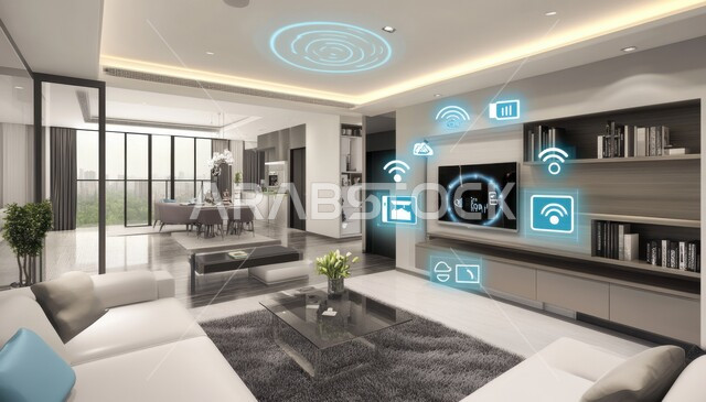  منزل بأثاث ابيض انيق وتقنيات متقدمة، مفهوم التطور ومواكبة الالكترونيات, تصاميم عصرية للمنازل الذكية, التحول الرقمي في الفنون المعمارية، دمج الذكاء الاصطناعي مع الديكورات المنزلية الداخلية، استخدام الاجهزة المتطورة في البيوت المعاصرة