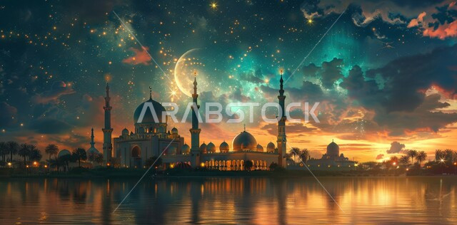 انعكاس ضوء القمر على الماء ليلا ، منظر البدر في السماء  المليئه بالسحب البيضاء  في وقت غروب الشمس، الفن الهندسي المعماري على الطراز الحديث للقبب والمآذن المضيئة ليلا في المملكه العربيه السعودية ،  مسجد عربي فاخر، العبادة والتقرب إلى الله، آداء الفرائض والصلوات