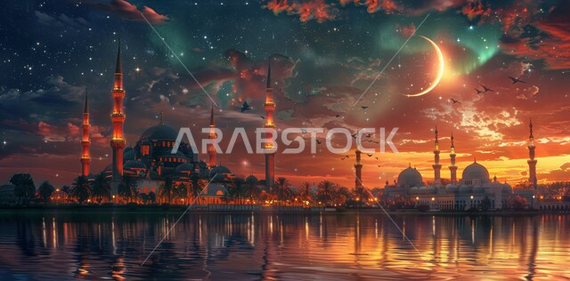 آداء الفرائض والصلوات، انعكاس ضوء القمر على الماء ليلا ، منظر البدر في السماء  المليئه بالسحب البيضاء  في وقت غروب الشمس، الفن الهندسي المعماري على الطراز الحديث للقبب والمآذن المضيئة ليلا في المملكه العربيه السعودية ،  مسجد عربي فاخر، العبادة والتقرب إلى الله