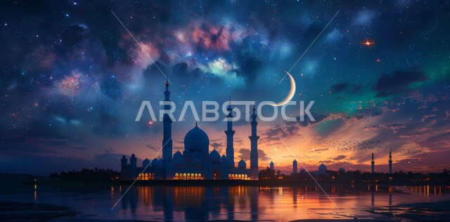 Luxurious Arabic mosque, worship and closeness to God, performing religious duties and prayers, moonlight reflection on water at night, full moon view in the sky full of white clouds at sunset, modern architectural art of illuminated domes and minarets at night in the Kingdom of Saudi Arabia, Ramadan wallpapers
