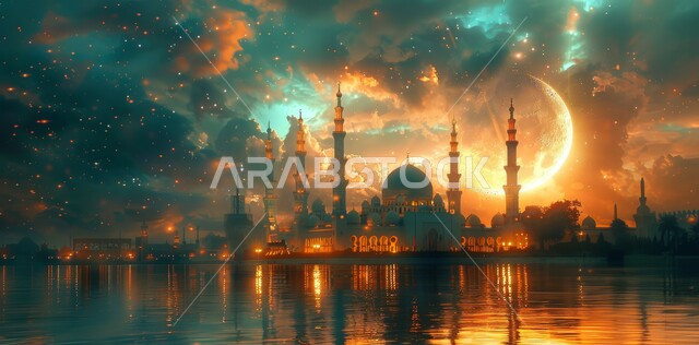 انعكاس ضوء القمر على الماء ليلا ، منظر البدر في السماء  المليئه بالسحب البيضاء  في وقت غروب الشمس، الفن الهندسي المعماري على الطراز الحديث للقبب والمآذن المضيئة ليلا في المملكه العربيه السعودية ، مسجد عربي فاخر، العبادة والتقرب إلى الله، آداء الفرائض والصلوات